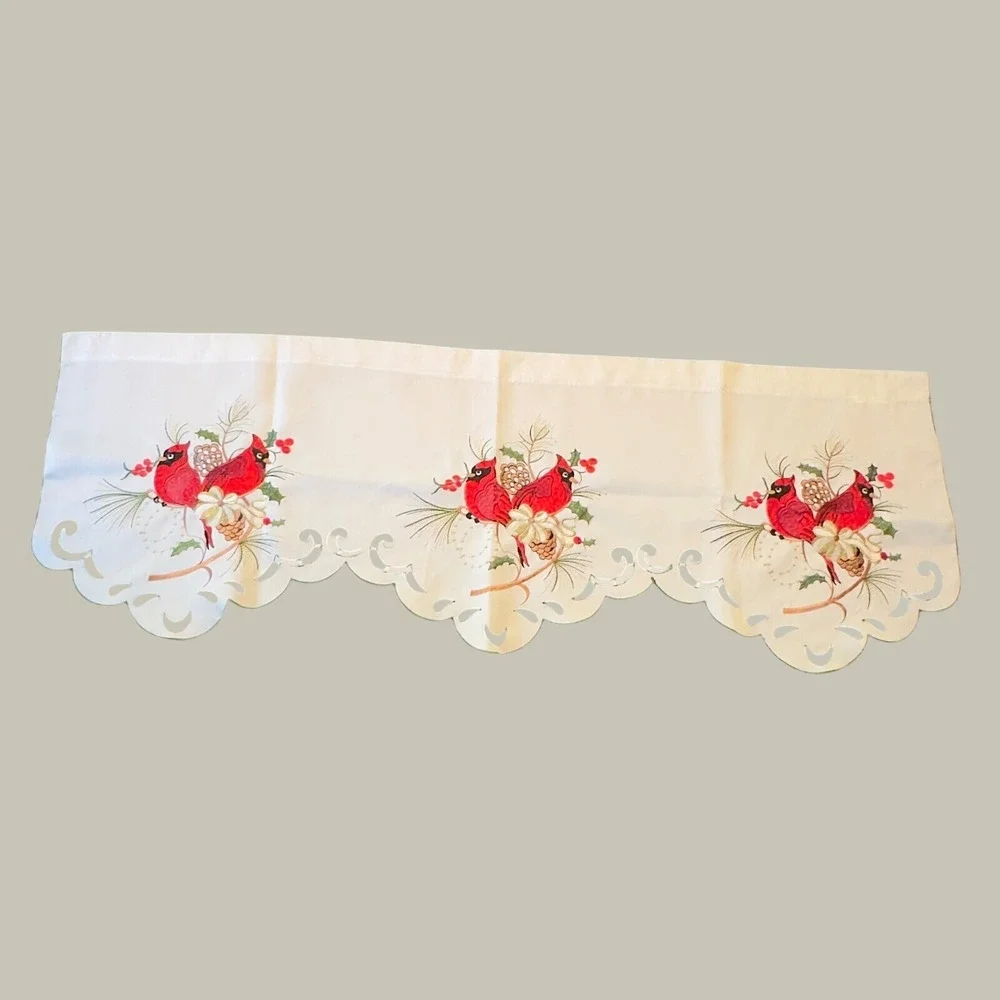 Embroidered Cardinal Christmas Window Valance Cream Red Gold 43x15 Holiday Decor